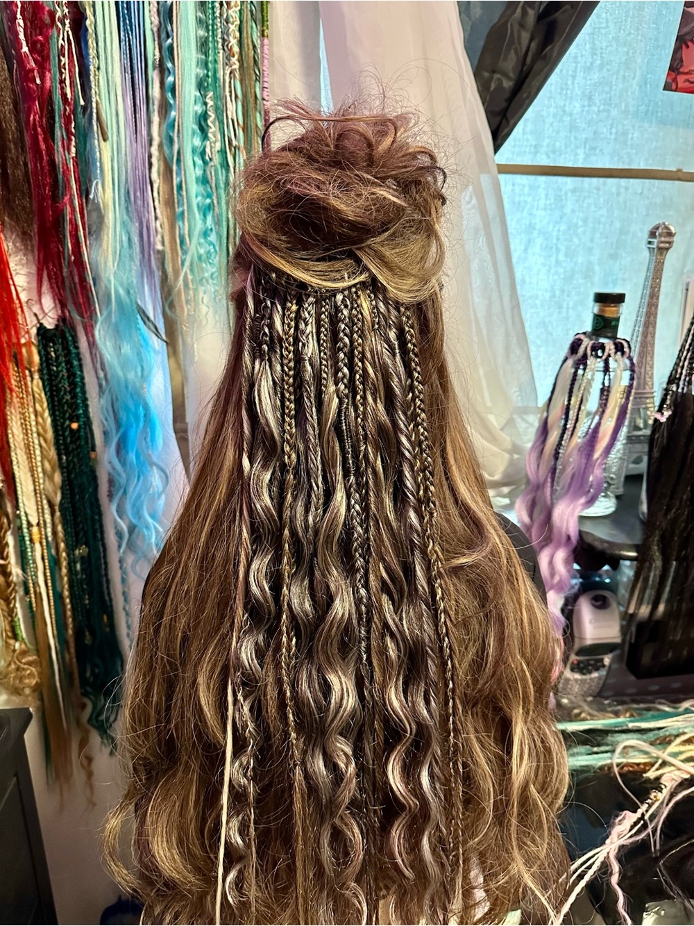 Women's Brown Hair Extensions with Blonde Highlights and Braided Accents